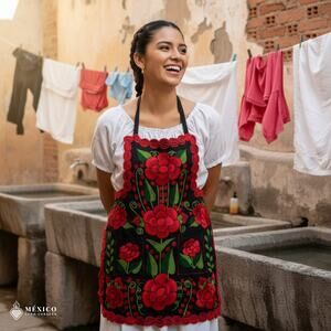 Mexican Embroidered Bib Apron for Women – Multicolor with Floral Design
